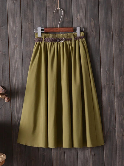 Midi Knee Length Skirt Women With Belt High Waist Pleated