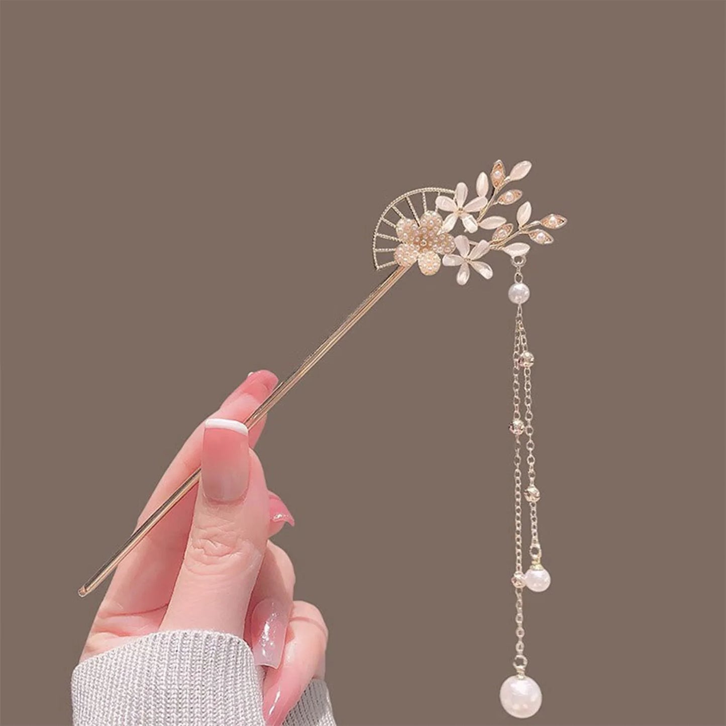 Elegant Gold Red Floral Pearl Long Tassel Hairpins Bridal Chinese Wedding Headpiece
