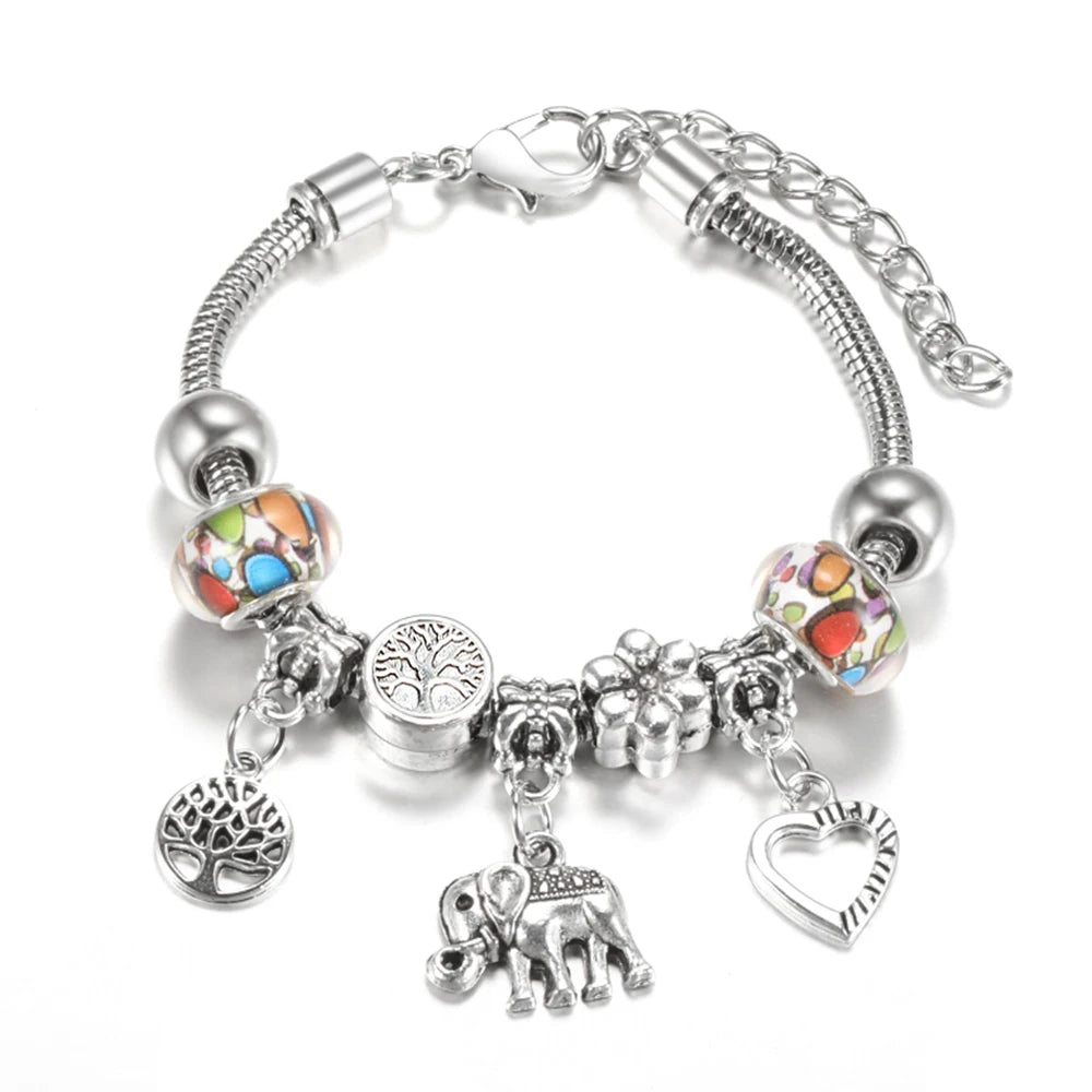 Elegant Heart Lock Charm Beaded Bangle Adjustable Snake Chain Bracelet for Women