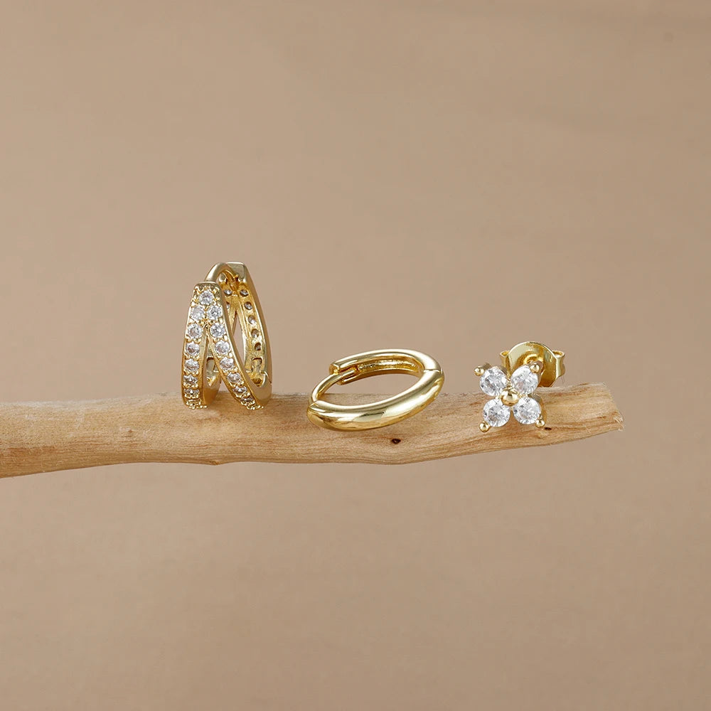 3PCS 18K Gold Plated Stainless Steel Zircon Flower Hoop Earrings Set for Women Trendy Wedding Jewelry