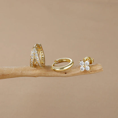 3PCS 18K Gold Plated Stainless Steel Zircon Flower Hoop Earrings Set for Women Trendy Wedding Jewelry