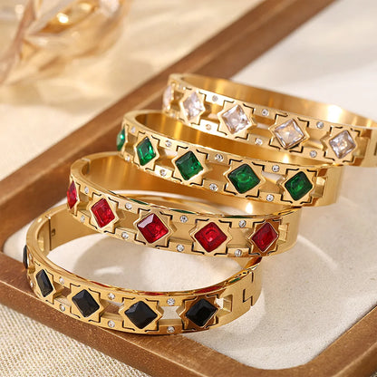Vintage Gold Plated Stainless Steel Bracelet with Red Glass Bangle Charm Luxury Jewelry Gift for Women