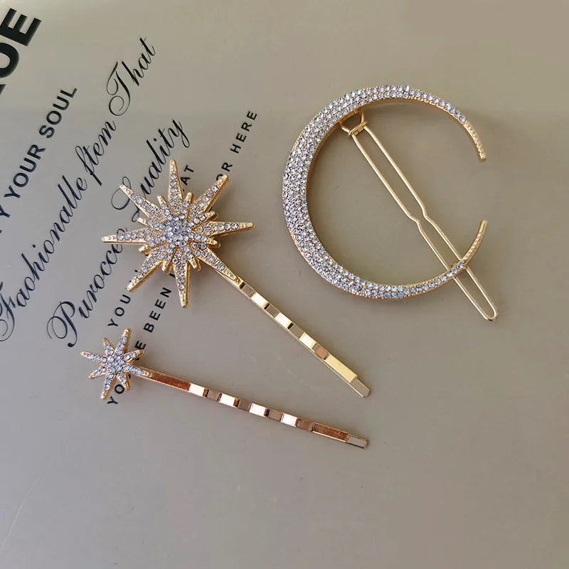 Vintage Moon and Star Rhinestone Hairpin for Women Bridal Accessories
