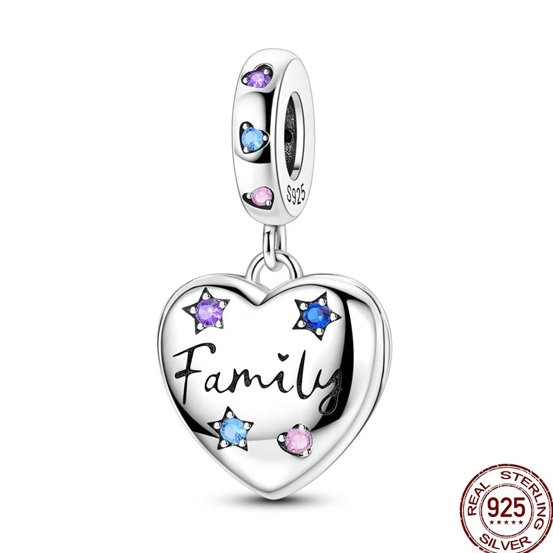 925 Sterling Silver Heart Family Charm Bead With Zircon
