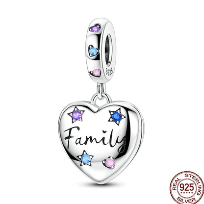 925 Sterling Silver Heart Family Charm Bead With Zircon