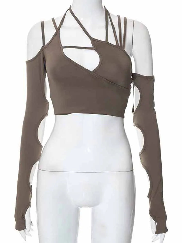 Punk Halter Crop Top Patchwork Gothic Egirl Style For Women