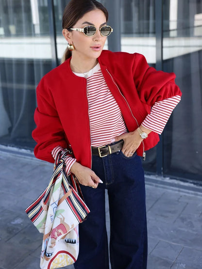 Soft Bomber Jacket For Women Front Zipper Long Sleeve Coat