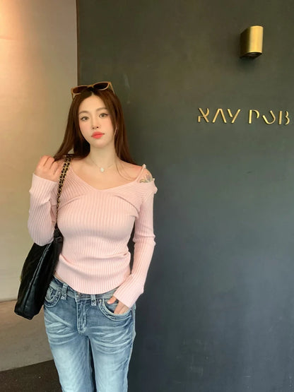 Pink Suspender V Neck Knit Sweater For Women 2025 Slim