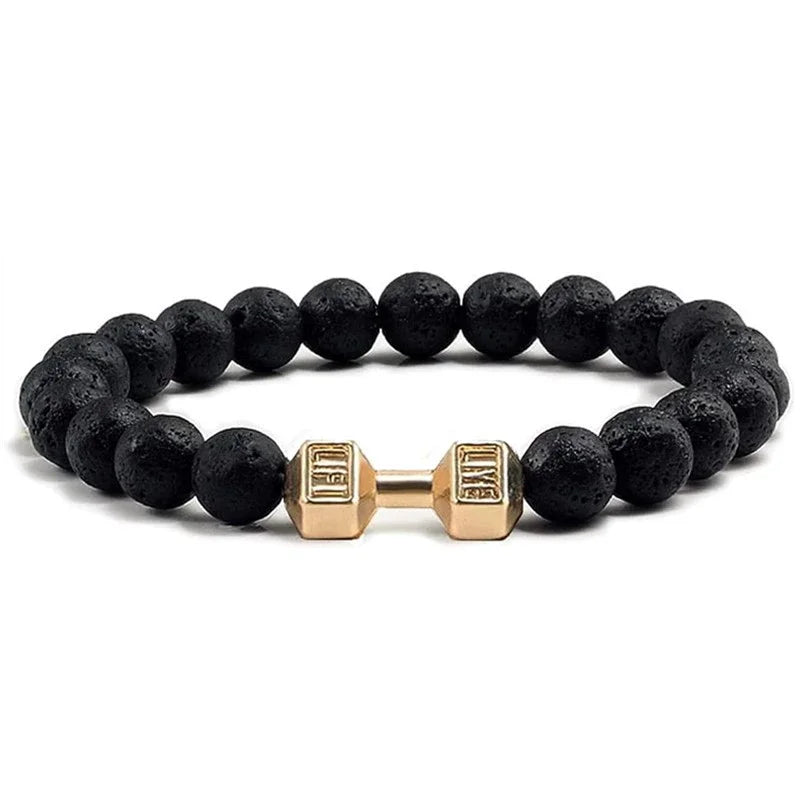 Vintage Men's Natural Stone Bead Bracelet With Dumbbell Pendant lava gold