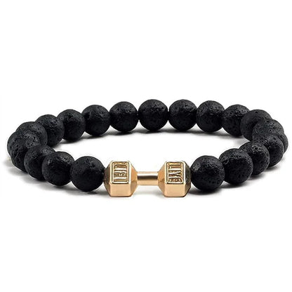 Vintage Men's Natural Stone Bead Bracelet With Dumbbell Pendant lava gold