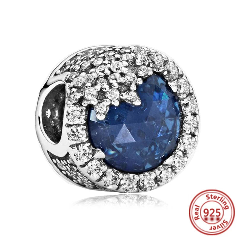 Sterling Silver Blue Zircon Feather Crown Moon Pendant Charm Bracelet Beads Y347 3mm-4mm