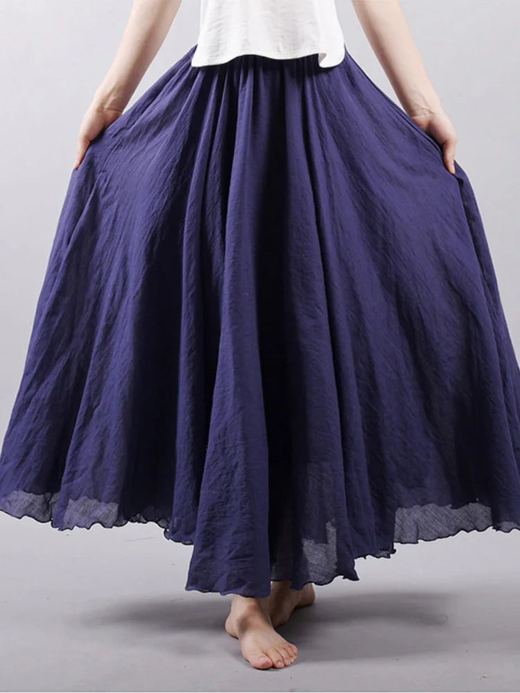 Elegant High Waist Linen Maxi Skirt Two Layer Summer Casual