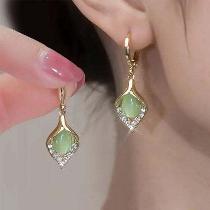 Korean Angel Eye Gold-Plated Hoop Earrings with Rhinestone Tulip Design for Women Green
