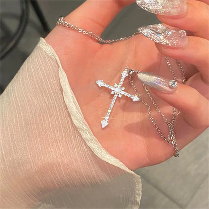 Elegant Crystal Cross Pendant Necklace Silver Star Jewelry for Women NJ-1034