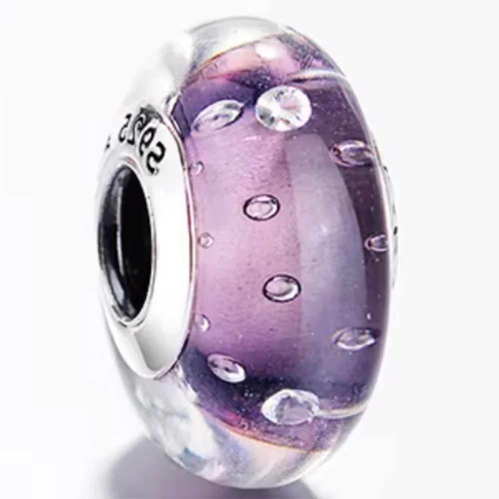 925 Sterling Silver Cosmic Rainbow Murano Glass Beads with Flower and Leaf Charms for DIY Women Jewelry