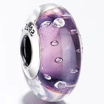 925 Sterling Silver Cosmic Rainbow Murano Glass Beads with Flower and Leaf Charms for DIY Women Jewelry