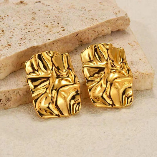 Elegant Pleated Texture Metal Earrings - Minimalist Stainless Steel Studs