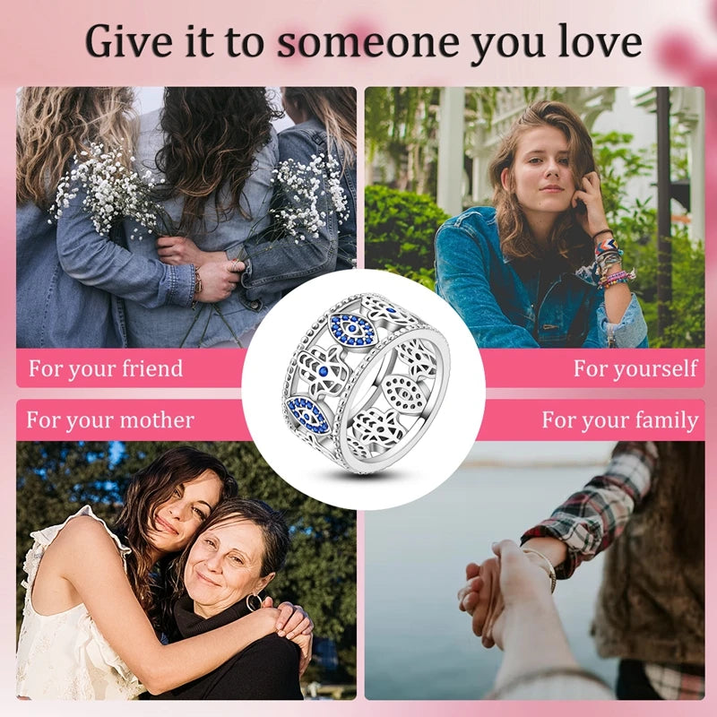 Blue Zircon Evil Eye Ring in 925 Sterling Silver for Women - Sparkling Palm Star Moon Wedding Jewelry Gift LKTR198
