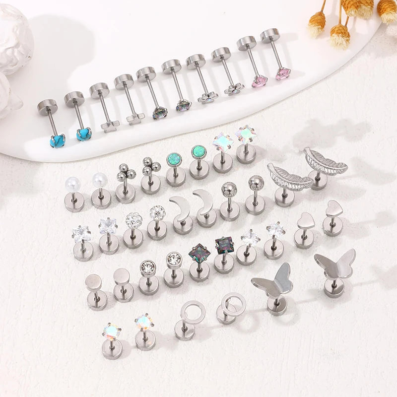 2PCS Set Stainless Steel Heart Moon Stud Earrings for Women Trendy Ear Tragus Cartilage Body Piercing