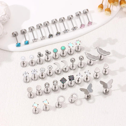 2PCS Set Stainless Steel Heart Moon Stud Earrings for Women Trendy Ear Tragus Cartilage Body Piercing