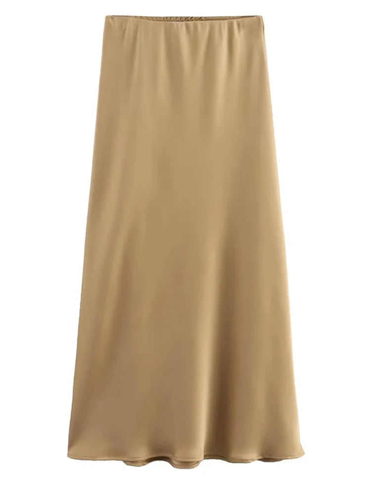 Black Satin High Waist Midi Skirt For Women Office Summer