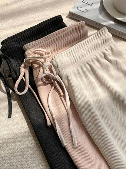 Summer Lace Up Wide Leg High Waist Pants for Women Ice Silk