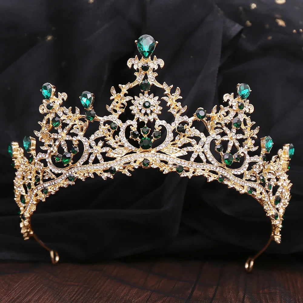 Baroque Luxe Green Crystal Bridal Tiara - Top-Rated Flower Headpiece for Weddings Style N Gold Green