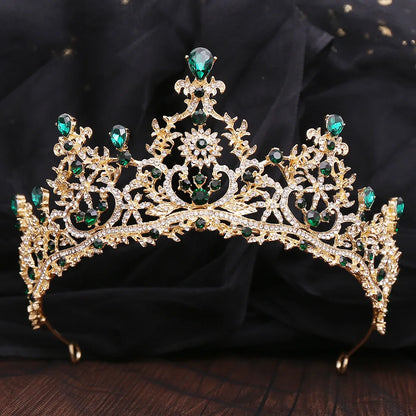 Baroque Luxe Green Crystal Bridal Tiara - Top-Rated Flower Headpiece for Weddings Style N Gold Green