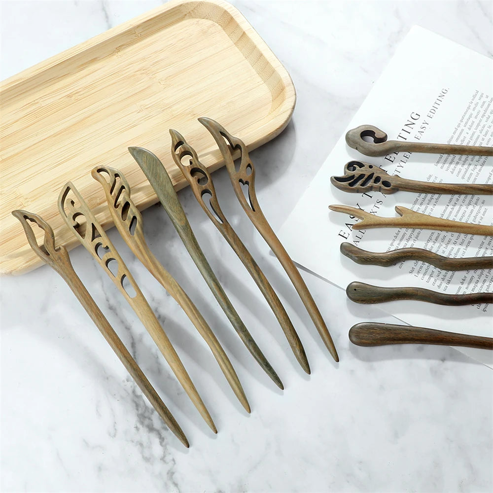Elegant Green Sandalwood Chinese Vintage Hairpins Set for Women