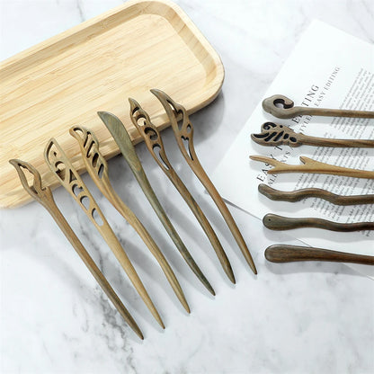 Elegant Green Sandalwood Chinese Vintage Hairpins Set for Women