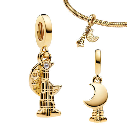 925 Sterling Silver Golden Round Charms with Horse Lion Castle Beads for DIY Womens Jewelry Gift