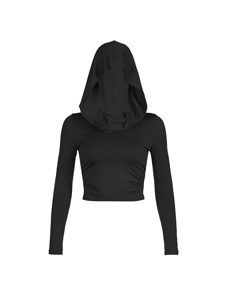 Womens Hooded Crop Top Long Sleeve Solid Cowl Neck Slim Fit