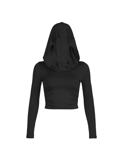 Womens Hooded Crop Top Long Sleeve Solid Cowl Neck Slim Fit