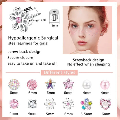 Trendy Pink Flower Heart Screw Stud Earrings Set for Women Fashion Jewelry