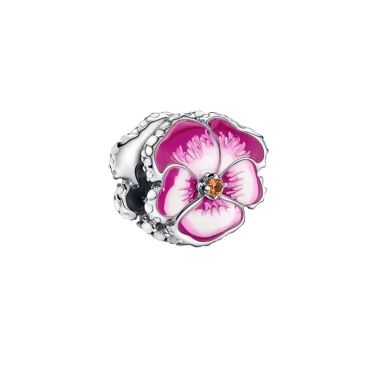 Sterling Silver Pink Blossom Dangle Charm with Butterfly Heart Flower Rose and Bird Bead for DIY Necklace and Bracelet Jewelry