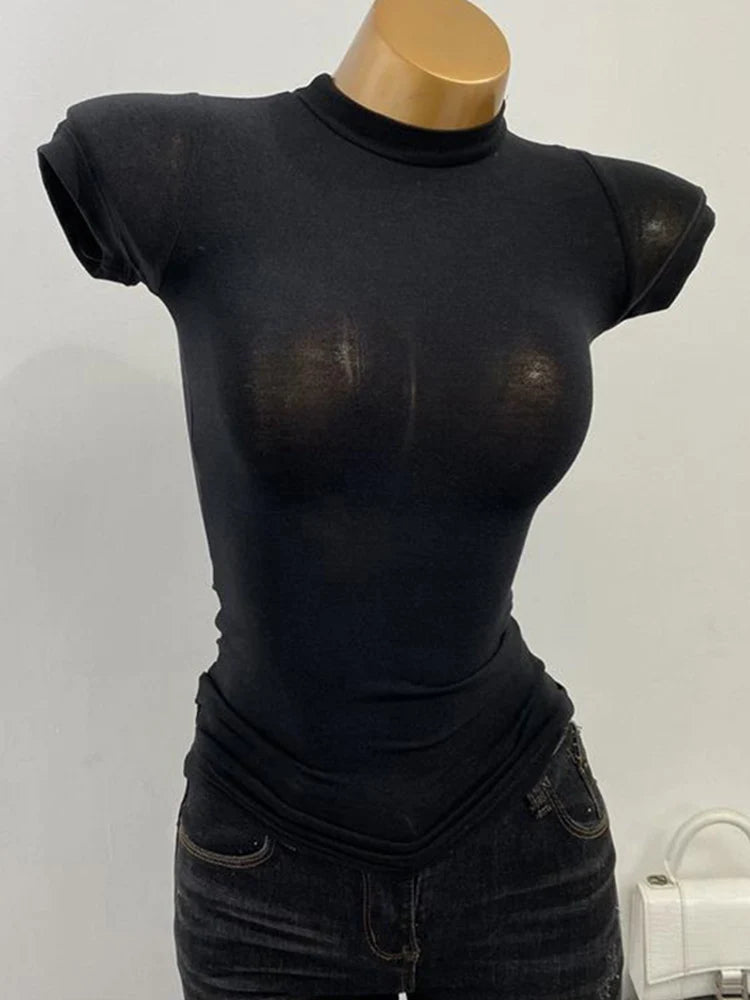 Korean Half High Collar Sheer Slim Short Sleeve Tee
