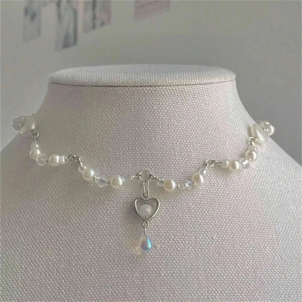 Elegant Simulated Pearl Heart Charm Necklace and Bracelet Jewelry Set for Women