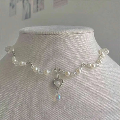 Elegant Simulated Pearl Heart Charm Necklace and Bracelet Jewelry Set for Women