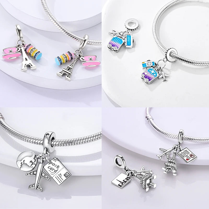 925 Silver Paris Plane Travel Charms for Bracelet Jewelry