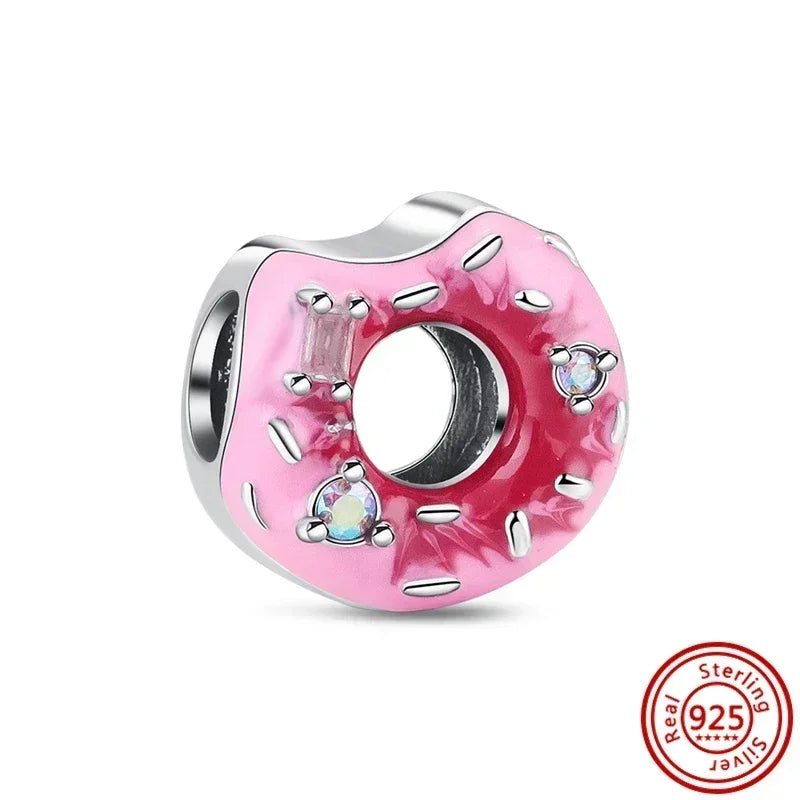 925 Sterling Silver Donut Dessert Charm Beads Zircon Accents for DIY Women Bracelet Jewelry Gift