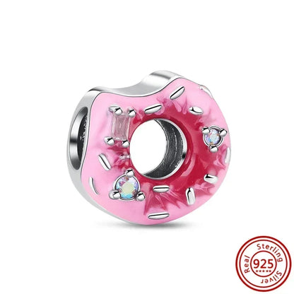 925 Sterling Silver Donut Dessert Charm Beads Zircon Accents for DIY Women Bracelet Jewelry Gift