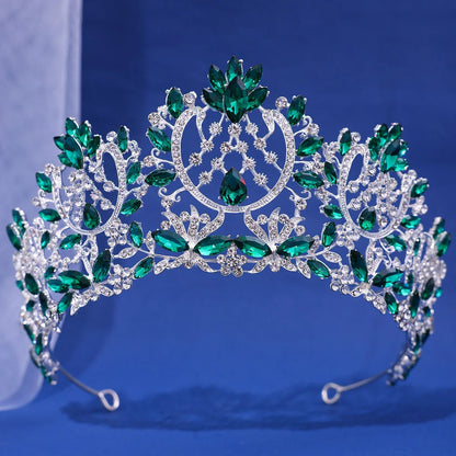 Baroque Crystal Rhinestone Tiara - Vintage Bridal Crown for Weddings & Prom Silver Green