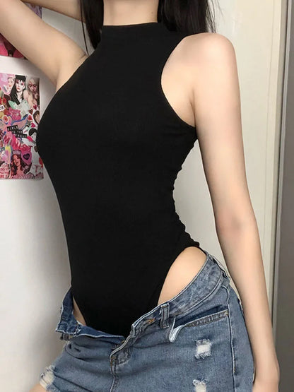 Harajuku Solid Jumpsuit Women Sleeveless Bodycon Black