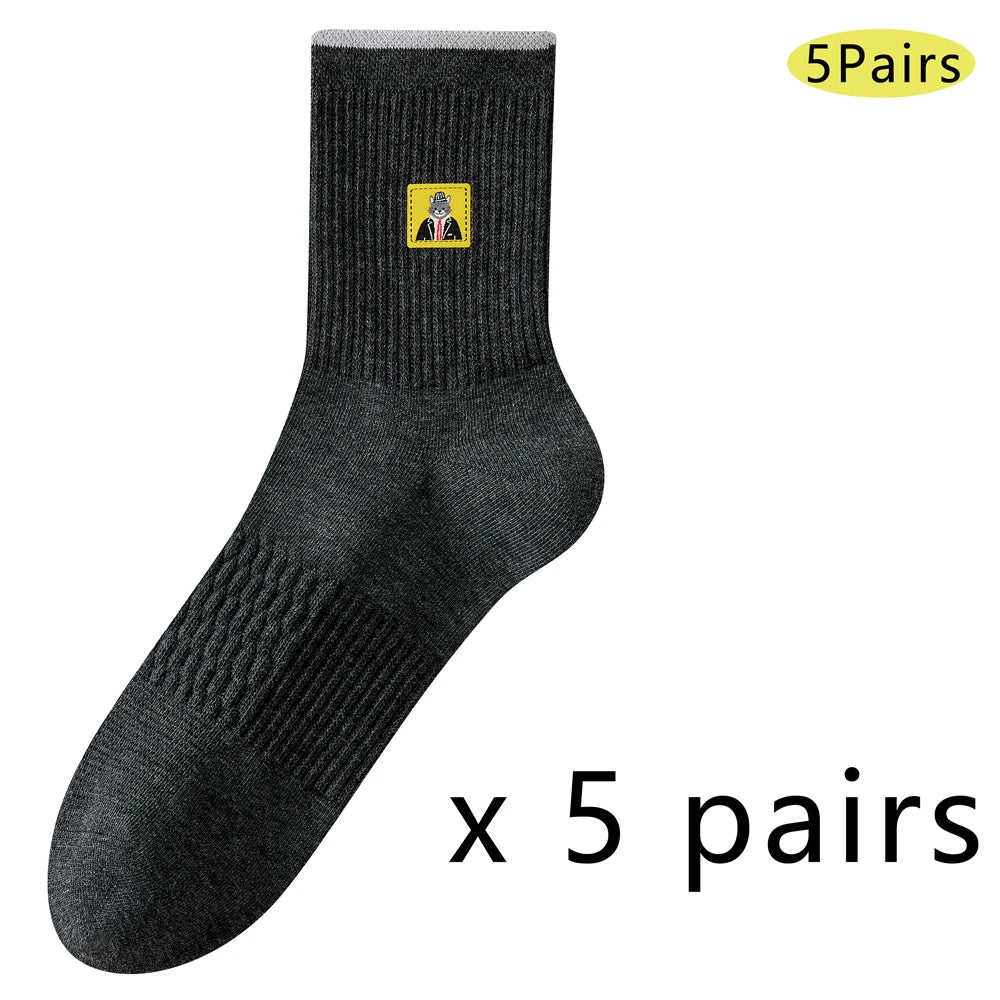 5 Pairs Men Cartoon Cat Mid Crew Cotton Socks Breathable