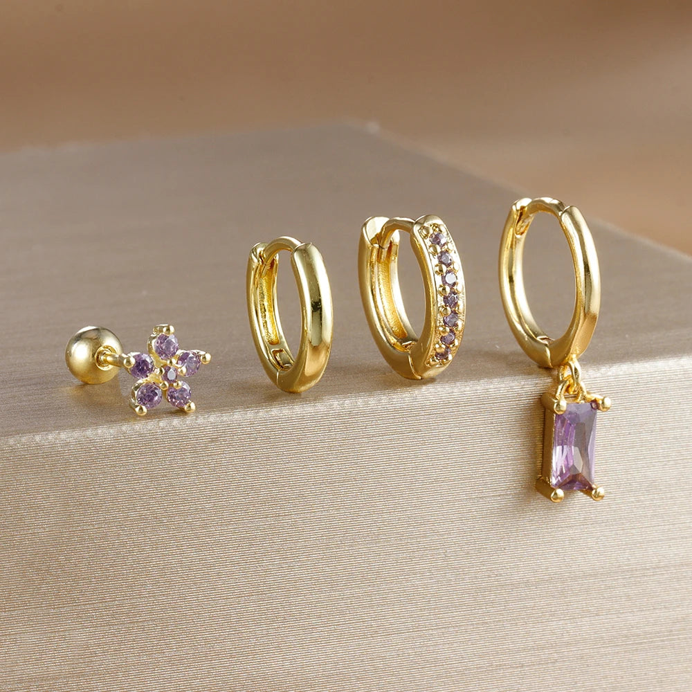 4PCS Gold Plated Stainless Steel Cubic Zirconia Star Leaves Hoop Earrings Set for Women