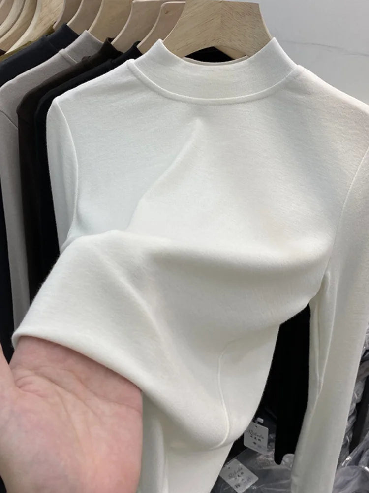 White Cotton Slim Fit Long Sleeve Half Turtleneck Women