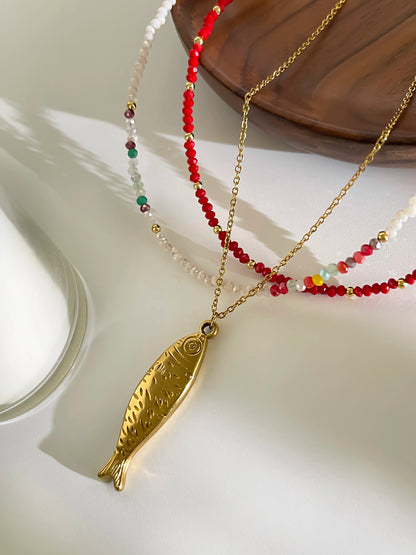 PerisBox Boho Colorful Acrylic Beaded Necklace with 18K Gold Plated Solid Fish Pendant Waterproof Stackable Jewelry for Women
