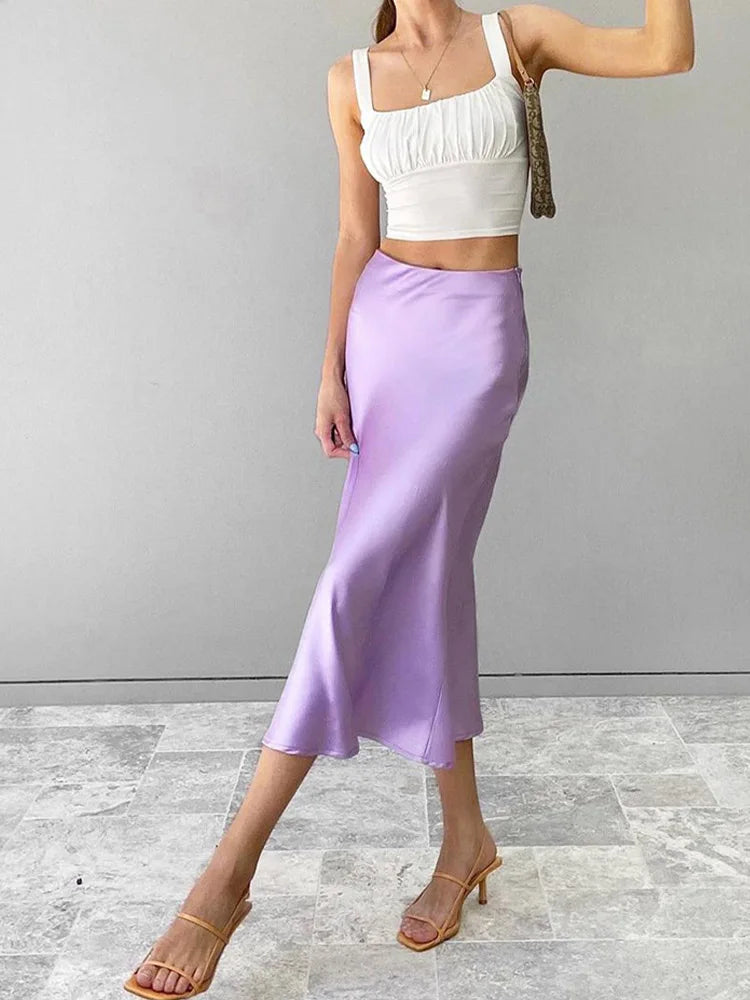 Solid Purple Satin Silk Midi Skirt High Waisted Office Wear