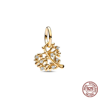 925 Sterling Silver Gold Heart and Maple Leaf Charms Sparkling Zircon Pendant for Women DIY Bracelet Fine Jewelry Gift