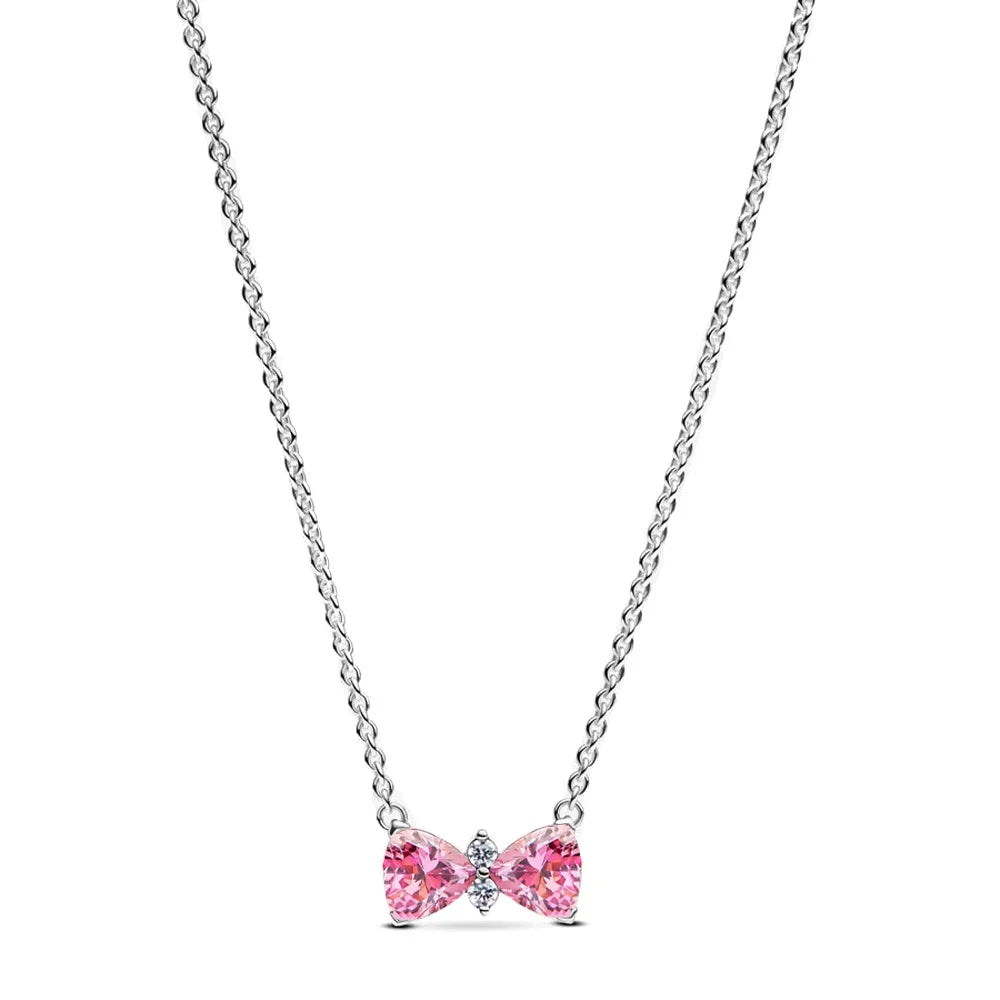 925 Sterling Silver Necklace with Colorful Bow Tie and Red Heart Zircon Pendant Classic Fashion Charm for Women